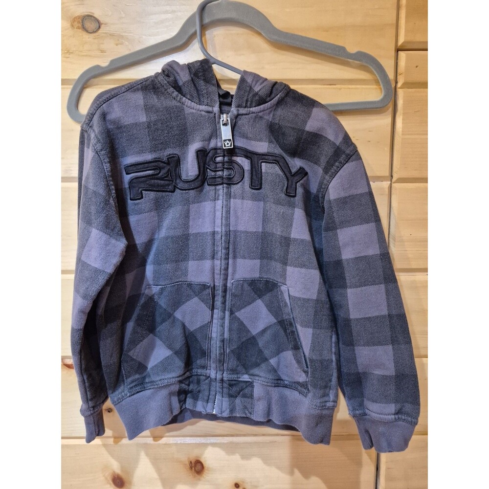 Rusty Spellout Hoodie Y2K Youth Medium Plaid Black/Gray Full Zip Skater Surf Vtg